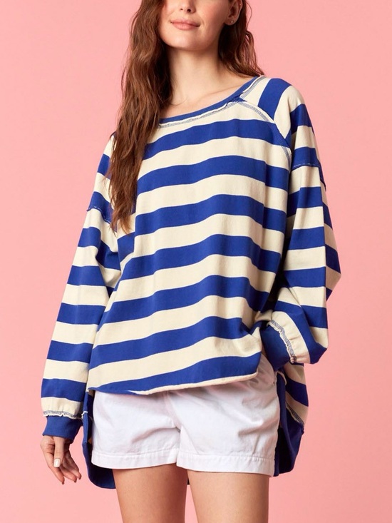 Peach Love California Tops - Sloughy Comfortable Fit Blue and Ivory Striped Sweatshirt